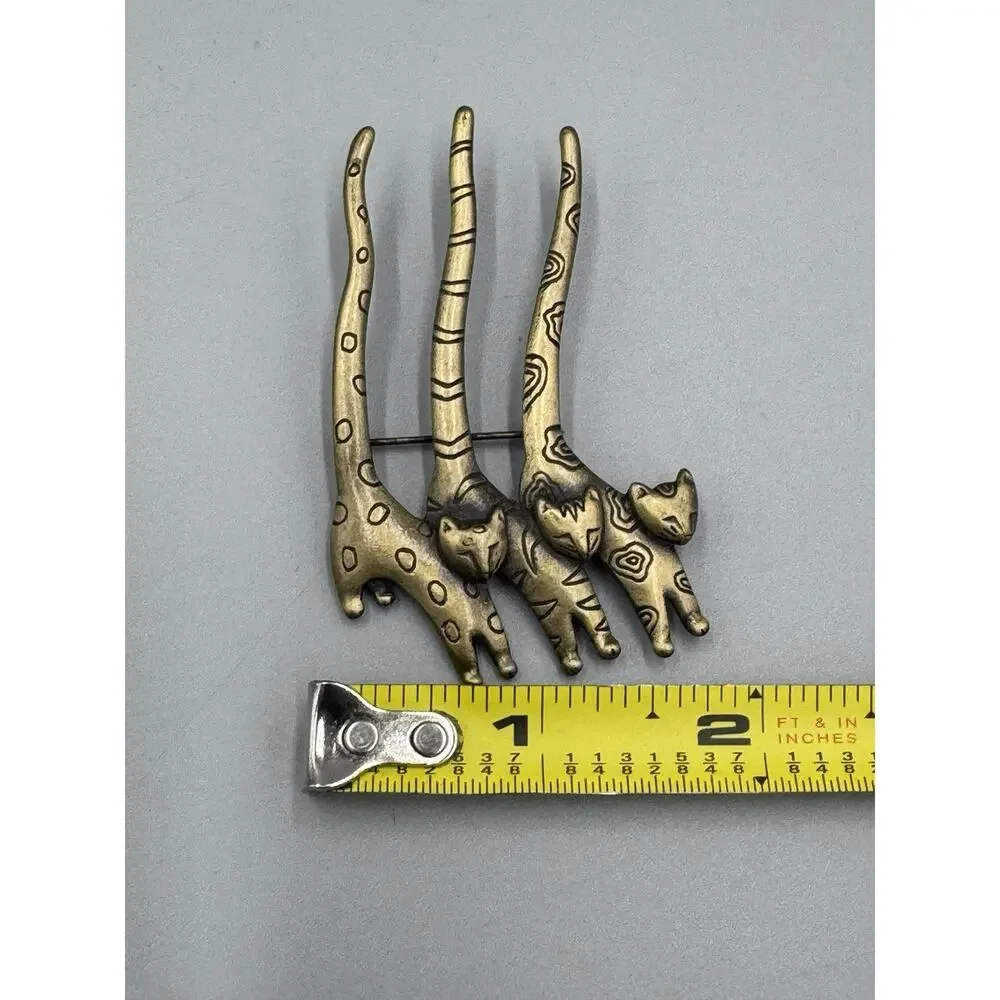 Vintage JJ Jonette Jewelry 3 Cats‎ Trio W/ Long Tails Aztec Design Brooch READ